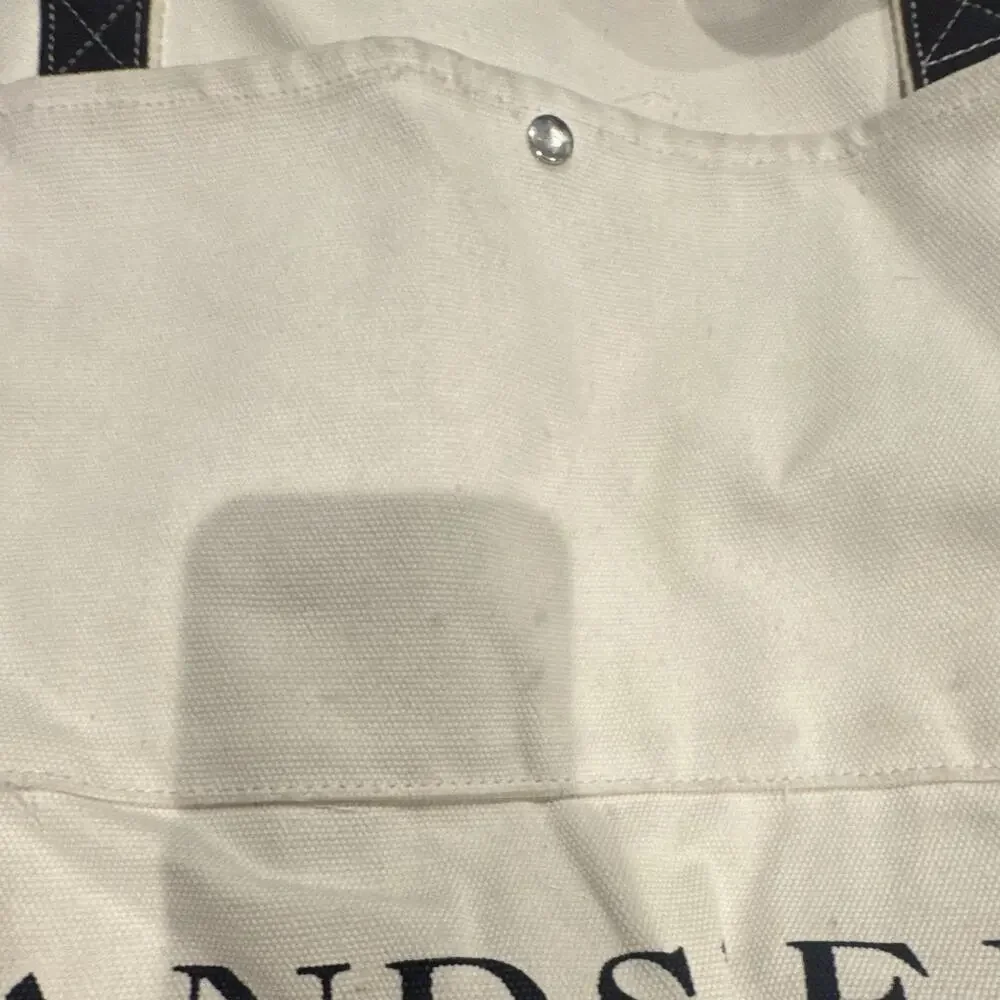 Lands' End Ivory/Navy Logo Tote Bag Snap Closure Inner Pockets Double Handles